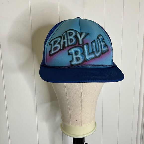 Vintage 80s Hanes Baby Blue Spray Paint Mesh Snapback Hat Cap - Picture 1 of 9